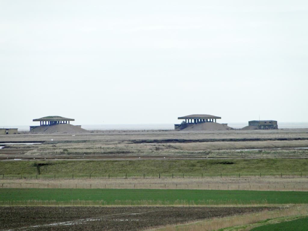 The concrete pagodas of the old Atomic Weapons Research Establishment stand on the flat horizon of Orford Ness, seen across the marshes.
