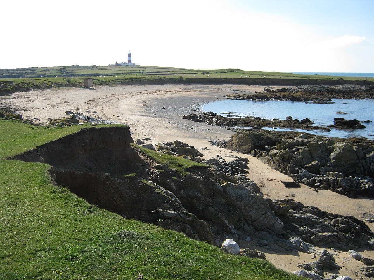 A sandy bay curves between rocky outcrops toward the banded lighthouse on Bardsey Island's low southern tip.