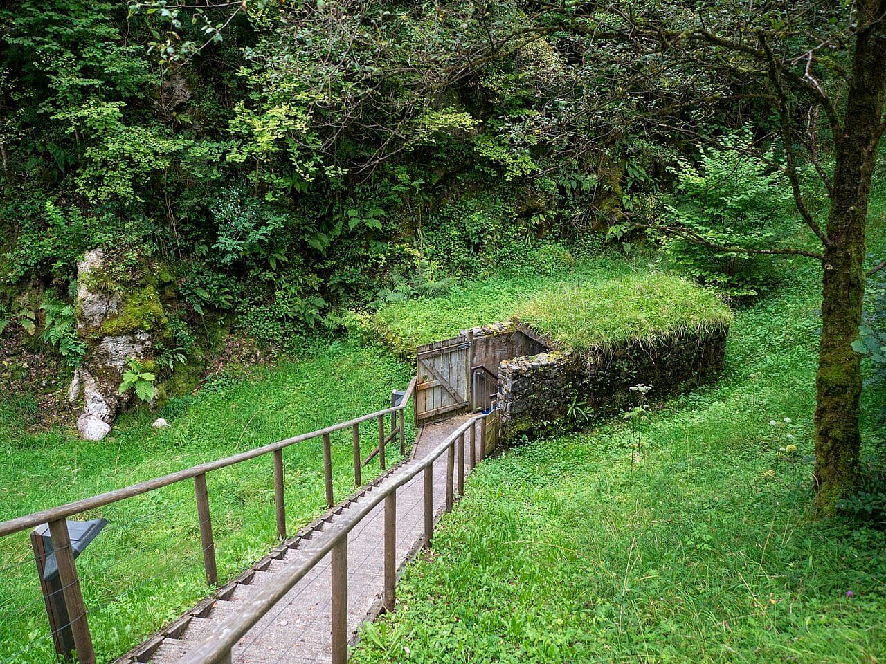 A railed path descends through woodland to the stone entrance doorway of the Marble Arch Caves, set into a grassy bank.