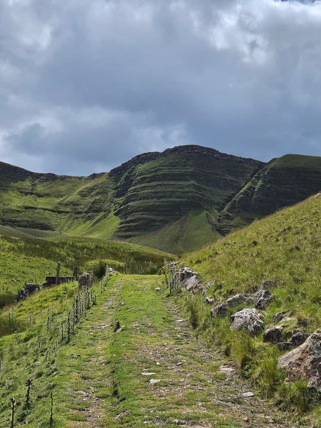 A walled green track climbs towards the dark ridges above Llyn y Fan Fach under a heavy sky.